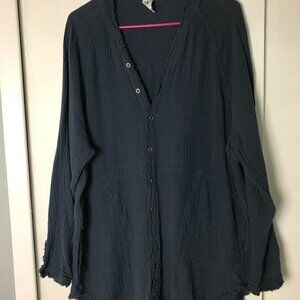 Women's Top SMALL Oversized Muslin Boho Lagenlook Frayed Button Up Gauzy Tunic
